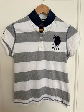U.S. Polo Assn. Girls' Short Sleeve Stripe Polo - White & Gray with Navy Logo